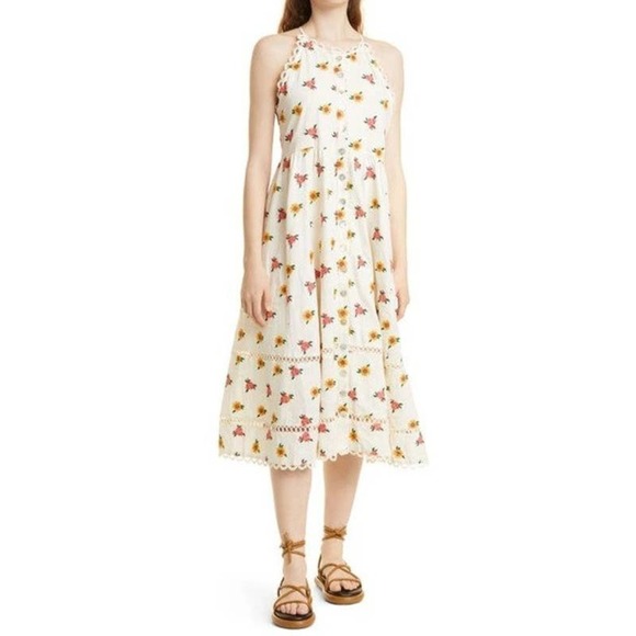 Farm Rio Floral Halter Neck Linen Blend Sundress in Off-White Size S NWT